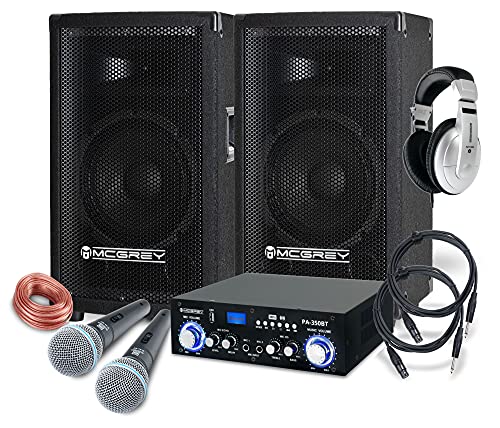McGrey DJ Karaoke Komplettset PA Anlage Party-1000 (Lautsprecher, 2 x 300 Watt, Bluetooth-Endstufe, Verstärker, Lautsprecherkabel, Kopfhörer, Mikrofon, Klemme, Reduziergewinde, Etui, Mikrofonkabel) von McGrey