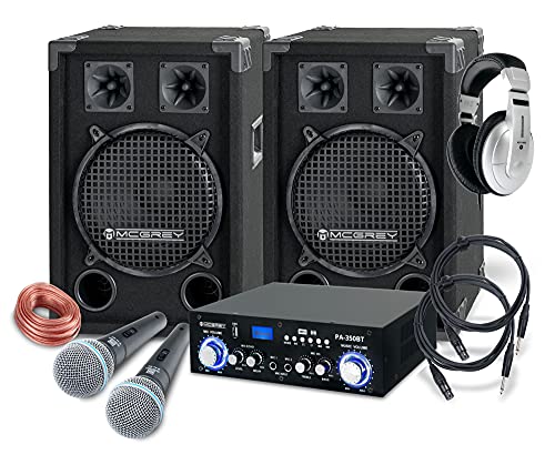 McGrey DJ Karaoke Komplettset PA Anlage Party-1200 (Lautsprecher, 2 x 400 Watt, Bluetooth-Endstufe, Verstärker, Lautsprecherkabel, Kopfhörer, Mikrofon, Klemme, Reduziergewinde, Etui, Mikrofonkabel) von McGrey