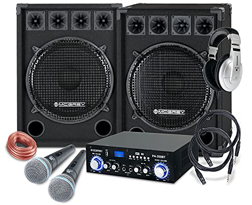 McGrey DJ Karaoke Komplettset PA Anlage Party-2500 (Lautsprecher, 2 x 800 Watt, Bluetooth-Endstufe, Verstärker, Lautsprecherkabel, Kopfhörer, Mikrofon, Klemme, Reduziergewinde, Etui, Mikrofonkabel) von McGrey