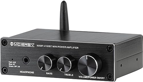 McGrey MAMP-4100BT Mini-Hifi-Verstärker - 2x 50 Watt Leistung - Bluetooth®-, Klinke- und optischer Eingang - 2-Band-Klangregelung - Klemmanschlüsse für 2 Lautsprecher - Inkl. Netzkabel - Schwarz von McGrey