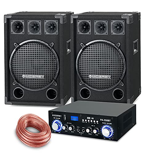 McGrey PA Komplettset DJ Anlage PowerDJ-2000 (System mit Partyboxen, Lautsprecher, 2 x 600 Watt, Bluetooth-Endstufe, Verstärker, Lautsprecherkabel) von McGrey