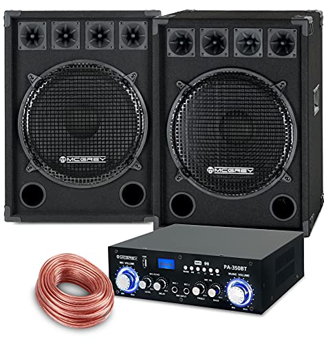 McGrey PA Komplettset DJ Anlage PowerDJ-2500 (System mit Partyboxen, Lautsprecher, 2x 800 Watt, Bluetooth-Endstufe, Verstärker, Lautsprecherkabel) von McGrey