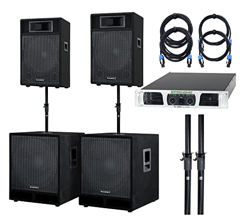 McGrey Powerstage-3000 PA Komplett-Anlage (2X 12/30cm Topteil, 2X 15/38cm Subwoofer, 1x Endstufe, 2X Distanzstange, 2X Boxenkabel, 750/1500/3000 Watt RMS/Musikleistung/Peak) von McGrey