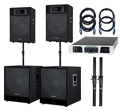 McGrey Powerstage-4400 PA Komplett-Anlage (2x 15"/38cm Topteil, 2x 18"/45cm Subwoofer, 1x Endstufe, 2x Distanzstange, 4x Boxenkabel, 1100/2200/4400 Watt RMS/Musikleistung/Peak) von McGrey