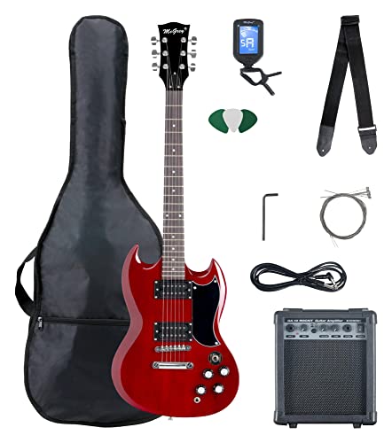 McGrey Rockit Double Cut Komplettset E-Gitarre (8-teiliges Anfängerset mit Gitarre, Verstärker, Ersatzsaiten, Gitarrentasche, Stimmgerät, Plektren, Gurt und Gitarrenkabel) Cherry Red von McGrey