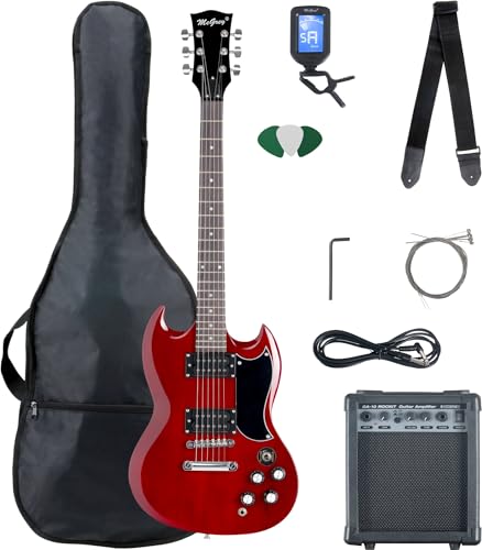 McGrey Rockit Double Cut Komplettset E-Gitarre (8-teiliges Anfängerset mit Gitarre, Verstärker, Ersatzsaiten, Gitarrentasche, Stimmgerät, Plektren, Gurt und Gitarrenkabel) Cherry Red von McGrey