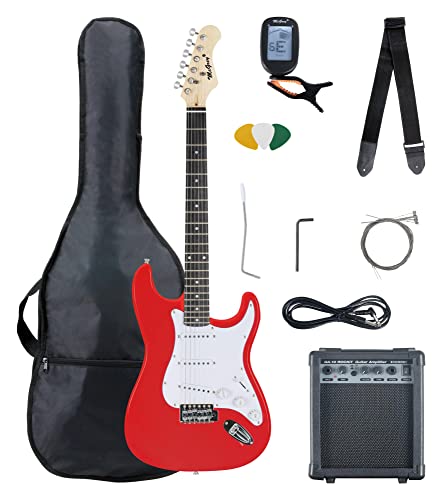 McGrey Rockit ST Komplettset E-Gitarre (8-teiliges Anfängerset mit Gitarre, Verstärker, Ersatzsaiten, Gitarrentasche, Stimmgerät, Plektren, Gurt und Gitarrenkabel) Fiesta Red von McGrey