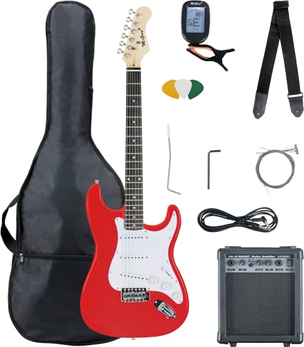 McGrey Rockit ST Komplettset E-Gitarre (8-teiliges Anfängerset mit Gitarre, Verstärker, Ersatzsaiten, Gitarrentasche, Stimmgerät, Plektren, Gurt und Gitarrenkabel) Fiesta Red von McGrey