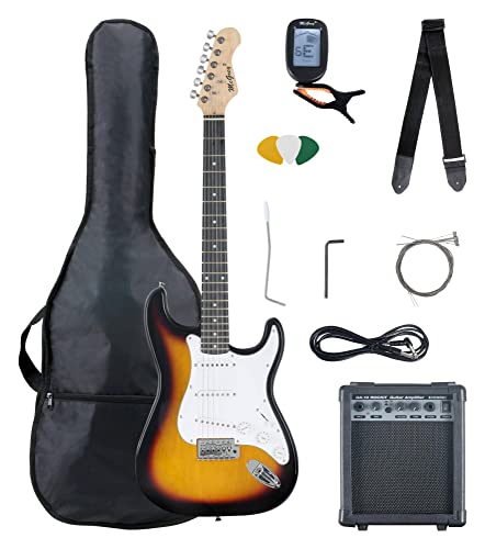 McGrey Rockit ST Komplettset E-Gitarre (8-teiliges Anfängerset mit Gitarre, Verstärker, Ersatzsaiten, Gitarrentasche, Stimmgerät, Plektren, Gurt und Gitarrenkabel) Sunburst von McGrey