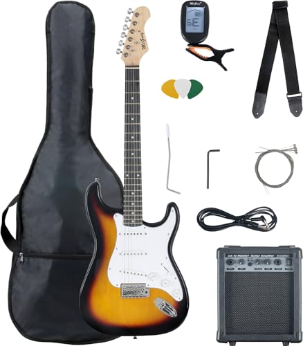 McGrey Rockit ST Komplettset E-Gitarre (8-teiliges Anfängerset mit Gitarre, Verstärker, Ersatzsaiten, Gitarrentasche, Stimmgerät, Plektren, Gurt und Gitarrenkabel) Sunburst von McGrey