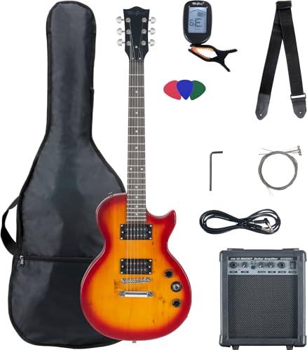 McGrey Rockit Single Cut Komplettset E-Gitarre (8-teiliges Anfängerset mit Gitarre, Verstärker, Ersatzsaiten, Gitarrentasche, Stimmgerät, Plektren, Gurt und Gitarrenkabel) Orange Burst von McGrey