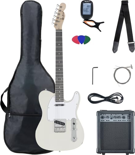 McGrey Rockit TL-Style Komplettset E-Gitarre (8-teiliges Anfängerset mit Gitarre, Verstärker, Ersatzsaiten, Gitarrentasche, Stimmgerät, Plektren, Gurt und Gitarrenkabel) Antique White von McGrey