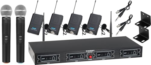 McGrey UHF-2V4I Quad Funk Mikrofon Set mit 50m Reichweite (Wireless Komplettset mit 2 x Handmikrofon, 4 x Lavaliermikrofon, 4 x Taschensender, Instrumentenfunk, 6,3mm Klinke Ausgang) schwarz von McGrey