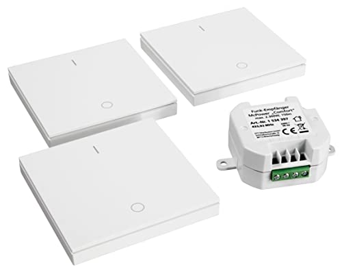 MC POWER - 3 x Funk-Wandtaster + 1 x Empfänger | Comfort | Funk-Schalter Set weiß, max. 70m bis zu 10 Empfänger steuerbar | Lampe schalten an aus dimmen | universell einsetzbar von McPower
