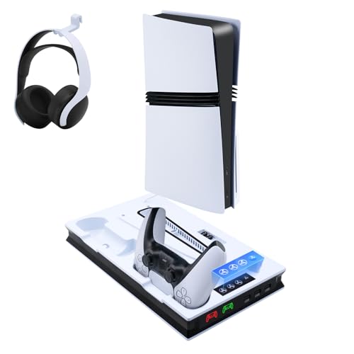 Mcbazel PS5 Pro/ PS5/ PS5 Slim Ladestation Ständer mit 3 Stufig Lüfter und Licht, PS5 Ständer Controller Ladestation LED Standfuß mit Magnet für PS5 Pro/PS5 /PS5 Slim UHD/Digital Edition - Weiß von Mcbazel