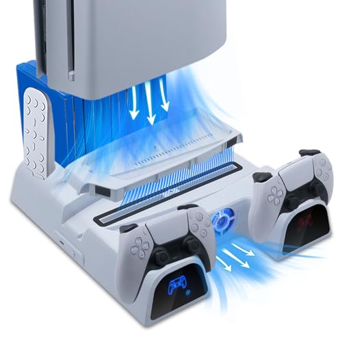 Mcbazel PS5/ PS5 Slim Ständer mit Dual-Kühllüfter, 3-Geschwindigkeitsanpassung, Schnellladung, LED-Anzeige und 11-Disc-Aufbewahrung für PS5/PS5 Slim - Weiß von Mcbazel