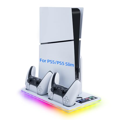 Mcbazel PS5/PS5 Slim Ladegerät mit Kühlstation, Turbo-Kühlständerbasis RGB Licht/Geschwindigkeit einstellbar/Type-C & USB-Anschluss Datentransfer für Playstation 5 Slim/PS5 Spielekonsole - Weiß von Mcbazel