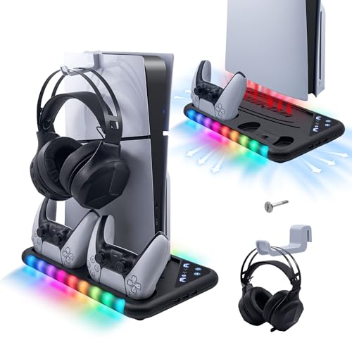 Mcbazel PS5/PS5 Slim Ladestation mit Lüfter, RGB-Kühlständer Ladestation für Controller, 3 USB-Anschlüssen, 3-Geschwindigkeiten Wärmeableitung und Kopfhörerhaken für Playstation 5/PS5 Slim – schwarz von Mcbazel
