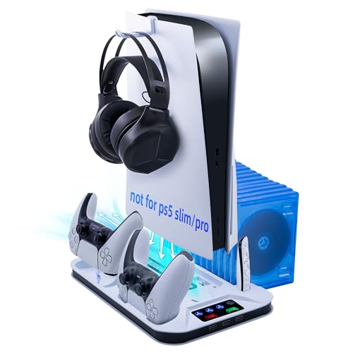 Mcbazel PS5 Kühlung Ladegerät PS 5 ständer vertikal Kühlständer mit Headset-Halterung LED-Anzeige mit Disc-Aufbewahrungsschlitzen für Playstation 5 UHD/Digital Edition-Weiß(Nicht für PS5 Slim/Pro) von Mcbazel