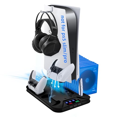 Mcbazel PS5 Kühlung ladestation PS 5 ständer vertikal Kühlständer Headset-Halterung LED-Anzeige Disc-Aufbewahrungsschlitzen PS 5 UHD/Digital Edition-Schwarz(Nicht PS5 Slim/Pro) von Mcbazel