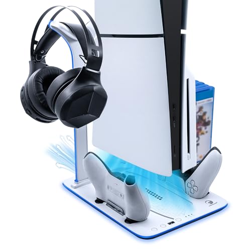 Mcbazel PS5 Slim Ladestation mit kühler und RGB-Licht, 3-stufige Kühler Ladestation mit Gaming-Headset-Halterung, Gaming-Disc-Aufbewahrungszubehör - Weiß von Mcbazel