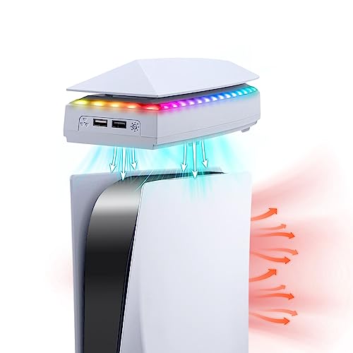 Mcbazel PS5 lüfter Kühlstation Verstellbarer 3 Geschwindigkeits RGB Beleuchtung Oberer Kühlventilator Staubschutzkühler mit zusätzlichen USB2.0 Ports -Weiß(Nicht für PS5 Slim) von Mcbazel