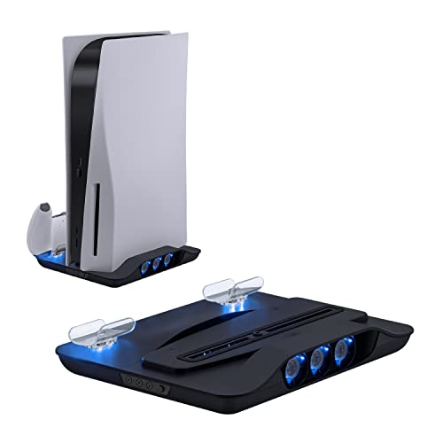 Mcbazel Vertikale PS5 Kühlungs Ladestation, Multifunktionale LED Kühlung, Stand mit Dual Controller Schnellladestation für Playstation 5 Konsole- schwarz(Nicht für PS5 Slim) von Mcbazel