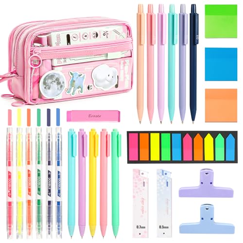 MeCids Ästhetische Schulbedarf mit Stiftetui Set - 6 Highlighter, 5 Tinte Gel Stifte, 6 Pastell mechanische Bleistifte und Blei Nachfülls Radiergummi Sticky Note Paper Clip Klemme (27pcs) von MeCids