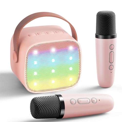 Karaoke Maschine mit 2 Drahtlosen Mikrofonen für Kinder, Tragbares Bluetooth Karaoke Maschine mit Stimme wechselnde Effekte & LED-Lichter Jungen Mädchen Geschenke Heimparty (Rosa) von MeYuxg