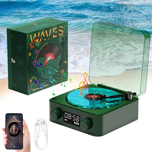Vinyl Schallplattenspieler mit Wasserwellen Lampe, Dunkelgrün Waves Vinyl Player, Waves Bluetooth Plattenspieler, Neuer Tragbarer Kabelloser Retro Plattenspieler für Schlafzimmer, Büro, Party von MeYuxg