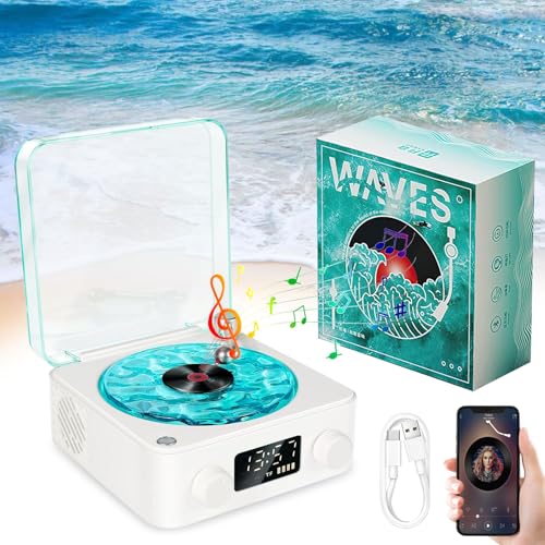 Waves Vinyl Player, Vinyl Schallplattenspieler mit Wasserwellen Lampe, Waves Vinyl Bluetooth Plattenspieler, Neuer Tragbarer Kabelloser Retro Plattenspieler für Schlafzimmer, Büro, Party (Weiß) von MeYuxg
