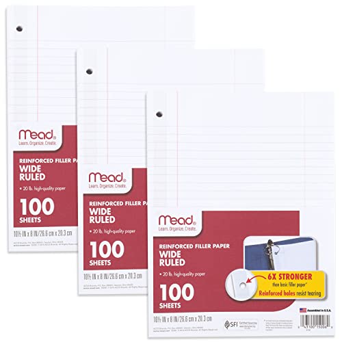 Mead 38038 Lochpapier, 3 Stück, 3 Lochstanzer, verstärktes Füllpapier, breites liniertes Papier, 26,7 x 20,3 cm, 100 Blatt pro Packung (38038) von Mead