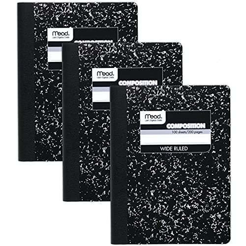 Mead Composition Notebooks, 3er-Pack, breit liniertes Papier, 24,5 x 19,5 cm, 100 Blatt pro Comp Book, schwarzer Marmor (38301) von Mead