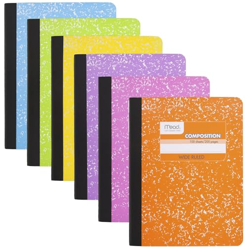 Mead Composition Notizbücher, 6 Stück, breit liniertes Papier, 19,5 x 24,5 cm, 100 Blatt, verschiedene helle Farben (950054-ECM) von Mead