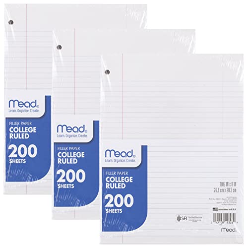 Mead Loseblatt-Papier, 3 Stück, Notizbuchpapier, College-liniertes Füllpapier, Standard, 8 x 10,5, 200 Blatt pro Packung (73185), 3 Stück, weiß von Mead