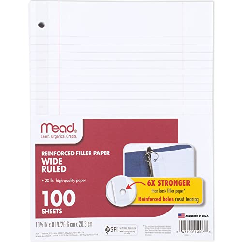 Mead Loses Blätterpapier, 3-Lochstanzer, verstärktes Füllpapier, breites liniertes Papier, 26,7 x 20,3 cm, 100 Blatt (15006) von Mead