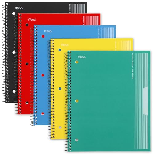 Mead Spiral-Notizbücher, 1 Fächer, College-Papier, Kunststoffeinband, 21,6 x 27,9 cm, 100 Blatt, schwarz, gelb, rot, blau und grün (820299) von Mead