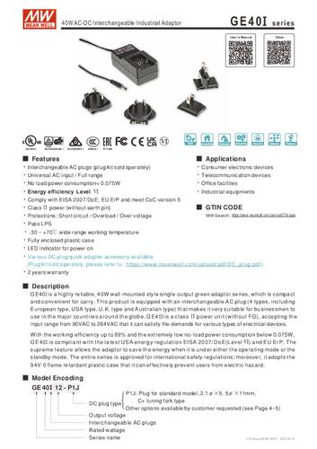 Mean Well GE40I15-P1J Steckernetzteil, Festspannung 15 V/DC 2.7A 40.5W von Mean Well