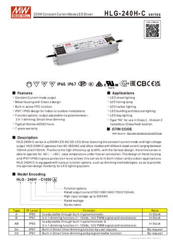 Mean Well HLG-240H-C1050A LED-Treiber Konstantstrom 249.9W 525 - 1050mA 119 - 238 V/DC Montage auf e von Mean Well