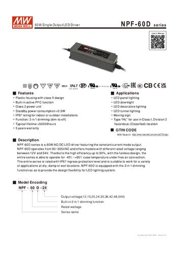 Mean Well NPF-60D-15 LED-Treiber, LED-Trafo Konstantspannung, Konstantstrom 60W 4A 9 - 15 V/DC dimmb von Mean Well