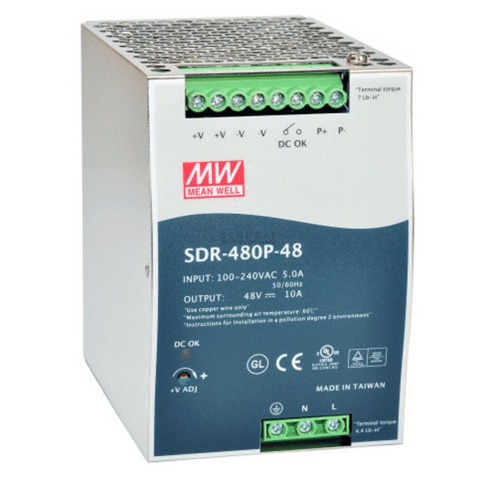 MeanWell SDR-480-24" 24V, 480W, L128,5xH125,2xB80cm Hutschienen-Netzteil" von MeanWell