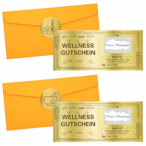 2 Stück Wellness Gutschein Zum Selber Ausfüllen Mit Rubbelaufkleber/Briefumschläge/Aufkleber Wellness Gutschein Basteln Massage Fußpflege Therme Kosmetik Geschenkgutschein Für Frauen, Männer Paare von Meanju