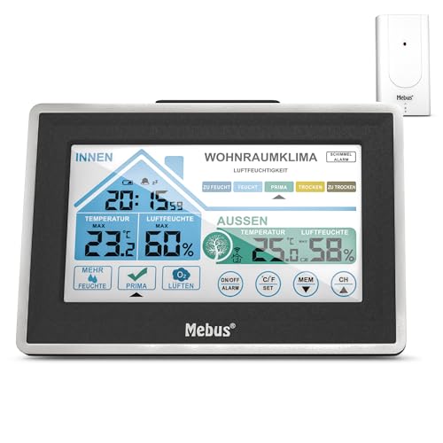 MEBUS funkgesteuerte Wetterstation mit Außensensor, Touch Display, Thermometer/Hygrometer, Wohlfühlindikator bewertet Raumklima per Temperatur/Luftfeuchtigkeit, Wecker, Silber-Schwarz, Modell: 01026 von Mebus