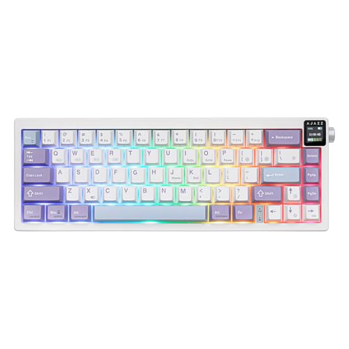 MechLands AK650 65% Dichtung Mechanische Tastatur, 3 Modi Wireless Gaming Tastatur mit 0.85'' TFT Bildschirm & Knopf, 5000 mAh Akku, Hot Swappable Keyboard mit Flex-Cut Platte & PCB (Weiß Violett) von MechLands