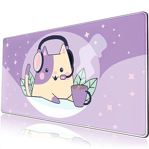 Kawaii Lila Space Cat Schreibtischunterlage Niedliches Anime Erweitertes Mauspad Groß XXL Gaming Schreibtischunterlage Langes Mousepad Tastatur Pad Maus Desktop Matte 80 x 40 cm Niedliches von Mechanical Cattle