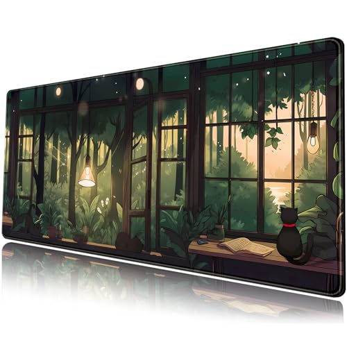Niedliche Lofi-Schreibtischmatte mit grünen Pflanzen, großes Mauspad, schwarze Katze, ästhetisch, Kawaii-Anime, erweitertes Gaming-Mauspad XL für Laptop, Tastatur und Maus, 80 x 30 cm, Büro-Dekor von Mechanical Cattle