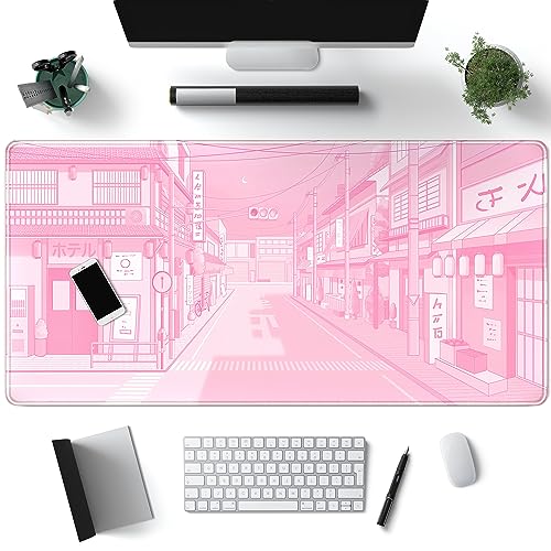 Rosa Schreibtischunterlage Tokyo Street Schreibtischunterlage Anime Japanisches Mauspad XL Kawaii Großes Gaming Mauspad XXL, Niedliche Schreibtischunterlage Laptop-Tastatur Mauspad von Mechanical Cattle