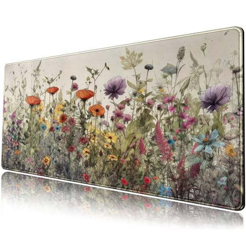 Schreibtischunterlage mit Aquarell-Blumen, Boho-XL-Mauspad, großes Mauspad, erweitertes Vintage-ästhetisches Laptop-Tastatur-Matte, niedliches Gaming-Schreibtischunterlage, Mauspad, 80 x 30 cm, von Mechanical Cattle