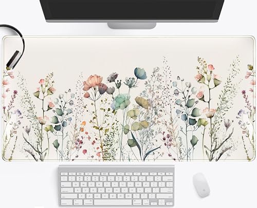 Schreibtischunterlage mit Blumenmuster, Beige, Boho-Schreibtischunterlage, großes erweiterbares Mauspad, XXL, niedliche minimalistische Blumen, Tastaturmatte, ästhetische Schreibtischmatte, Laptop, von Mechanical Cattle