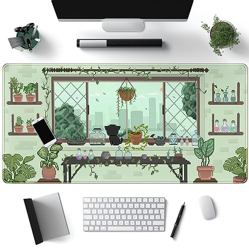 Schreibtischunterlage mit grüner Pflanze, niedliche schwarze Katze, Kawaii, Anime, großes Gaming-Mauspad, Pixel-Stil, Mauspad XXL (80 x 39,9 cm), für Schreibtisch, Mauspad, Computer, Büro, Laptop, von Mechanical Cattle